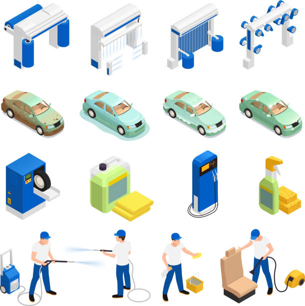 ilustrações, clipart, desenhos animados e ícones de ícones isométricos da lavagem de carros - washing water car cleaning