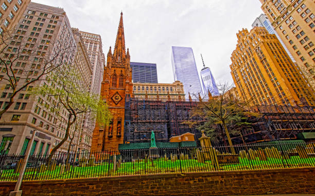 Skyscrapers next to The New York Stock Exchange, intersection of Broad Street and Wall Street, USA.