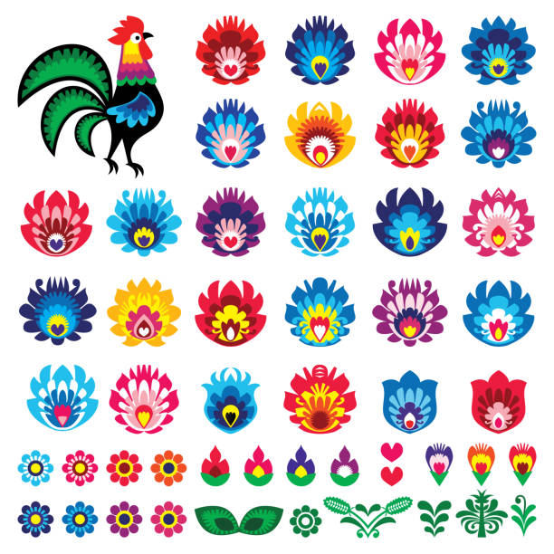Polish folk art Wycinanki Lowickie vector design elements - flower, rooster, leaves. Perfect for textile patterns or greeting cards Retro floral decorative shapes, Slavic colorful template designs on white inspired by traditional paper cutout art from Poland poland stock illustrations
