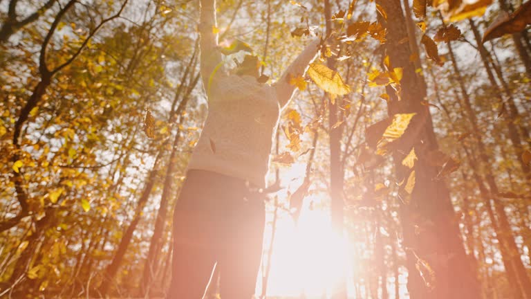 MS SUPER SLOW MOTION exuberant young woman throwing golden autumn leaves overhead in forest