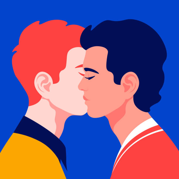 Two young men in profile. Homosexual couple in profile. LGBT. Two young men in profile. Homosexual couple in profile. LGBT. Vector flat illustration gay males stock illustrations