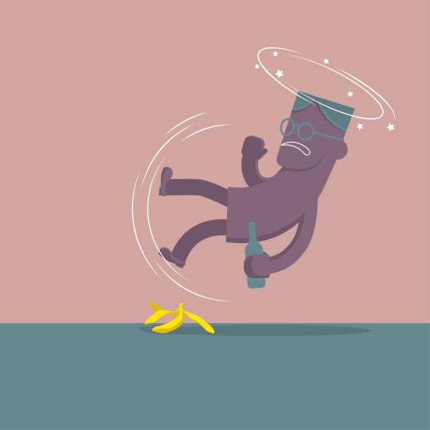 pijany mężczyzna. krok na skórki bananów. upaść. - drink falling concepts humor stock illustrations