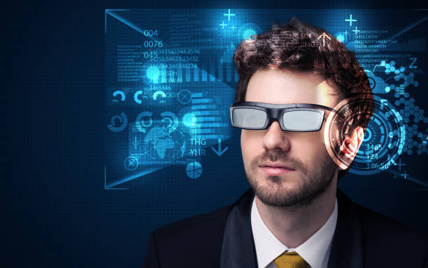 istock Young man looking with futuristic smart high tech glasses 1201416024