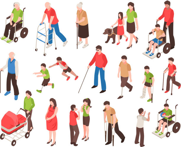 isometric disabled people set Isometric set with disabled people in wheelchair, with prosthetic limbs, blind and elderly persons isolated vector illustration visual impairment stick stock illustrations