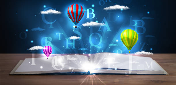 istock Open book with glowing fantasy abstract clouds and balloons 1201417272