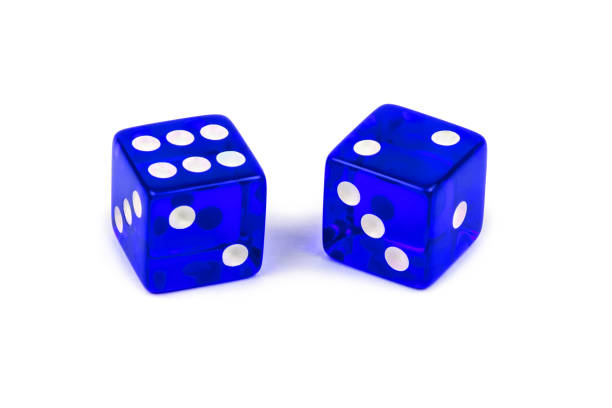 istock Two blue glass dice isolated on a white background. Six and two with a shadow. 1201418268