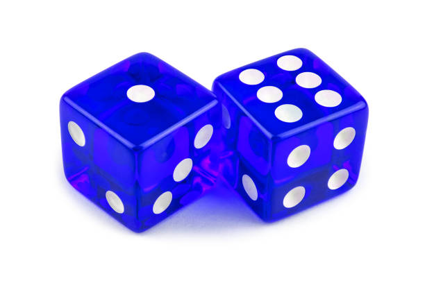 istock Two blue glass dice isolated on a white background. One and six with a shadow. 1201418274