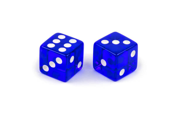 istock Two blue glass dice isolated on a white background. Six and three with a shadow. 1201418293