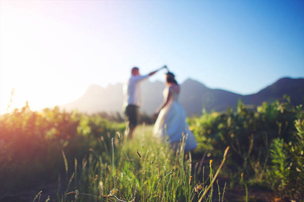 Side view Twirling Wedding Couple Defocused Mountain Backdrop between the fynbos Side view Wedding Heterosexual Couple Twirling Out of Focus holding hands Mountain Backdrop between the fynbos Cape Town South Africa fynbos photos stock pictures, royalty-free photos & images