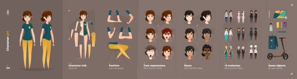 ilustrações, clipart, desenhos animados e ícones de estilo roupas casuais. girl cartoon personagem de animação. - mad expression image front view horizontal