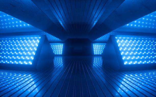 3d render, blue neon abstract background, ultraviolet light, night club empty room interior, tunnel or corridor, glowing panels, fashion podium, performance stage decorations,