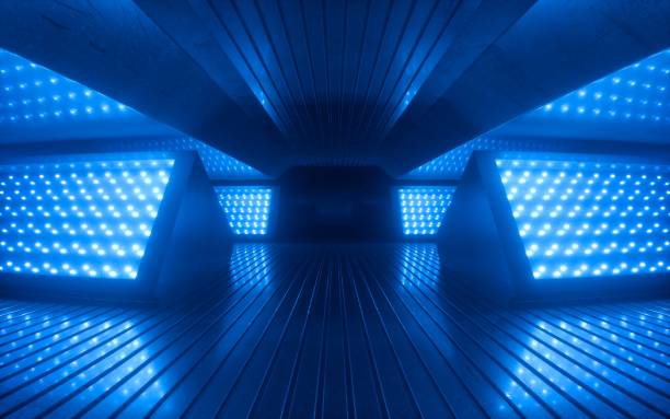 renderização 3d, fundo abstrato de neon azul, luz ultravioleta, sala vazia boate interior, túnel ou corredor, painéis brilhantes, pódio de moda, decorações de palco de performance, - laser nightclub performance illuminated - fotografias e filmes do acervo