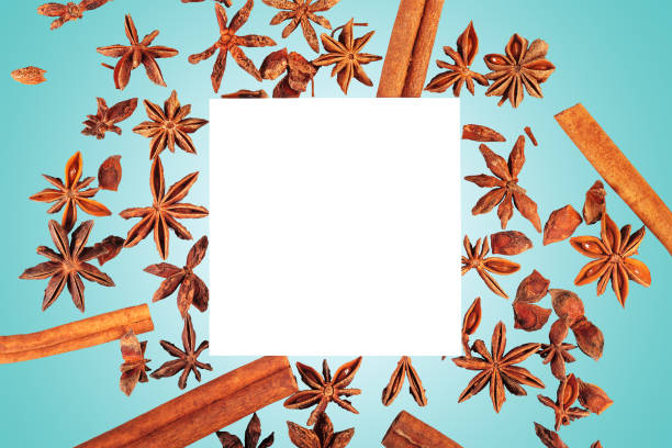 Greeting card frame with star anise on blue shine background. Creative background with space for your text.