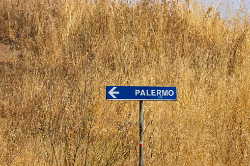 Isolated road signage for Palermo surrounded by wheat in the middle of Sicily