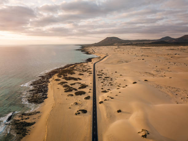 istock Aerial view of an empty road through the sand dunes 1201424725