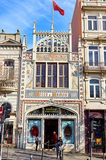 Exterior view ( building facade ) library bookstore Livraria Lello in historic center of Porto, famous for Harry Potter film.