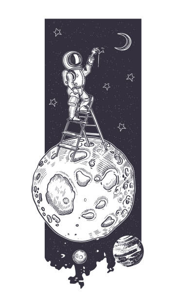 istock Astronaut draws a starry sky. Astronaut is standing on the stairs. 1201427027