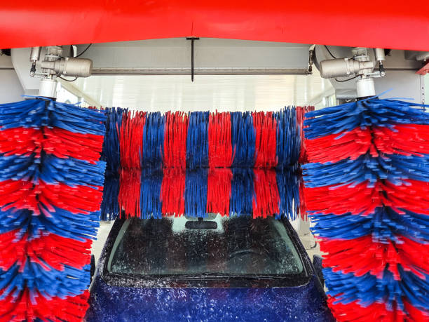 View from inside the automatic car wash machine. View of automatic car wash. Automatic car wash inside is empty without auto and does not work.