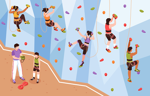 Isometric climbing wall composition with view of coach and mountain climbers climbing up artificial rock wall vector illustration