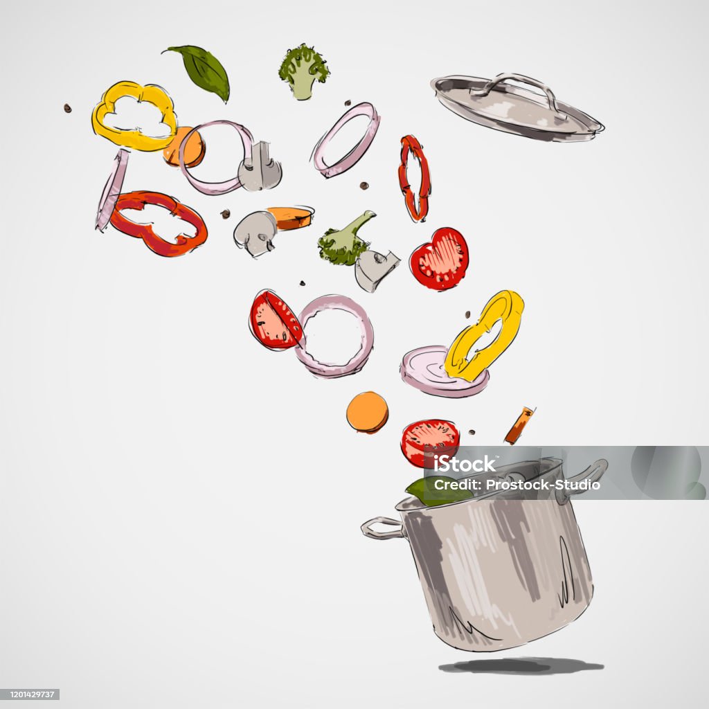 Ilustración de Verduras Frescas Volando En Una Olla Separadas Sobre Blanco  y más Vectores Libres de Derechos de Ingrediente - iStock
