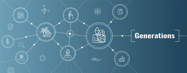 Generations and Aging Web Header Banner and Icon Set Generations Aging Web Header Banner and Icon Set gen-x-icon stock illustrations