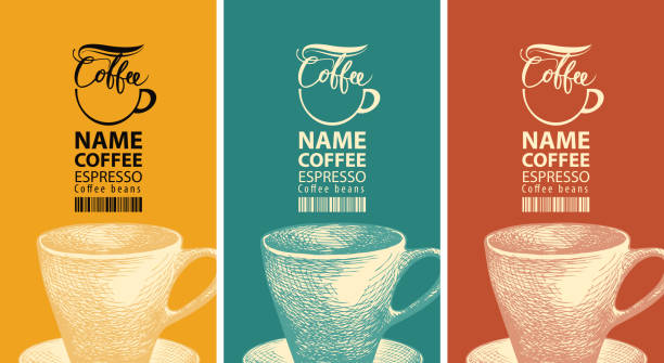 ilustrações de stock, clip art, desenhos animados e ícones de set of vector coffee labels with cup and barcode - bar code illustrations