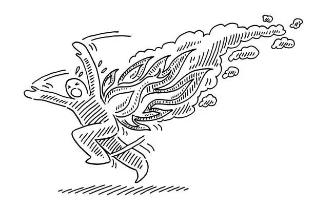 Vector illustration of Desperate Stuntman On Fire Running Away Drawing