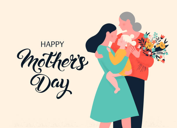 illustrazioni stock, clip art, cartoni animati e icone di tendenza di la ragazza nasconde sua madre e sua nonna con un mazzo di fiori. simpatici personaggi dei cartoni animati. illustrazione vettoriale piatta. - mothers day or children and female and mother not icons not fathers day not tulips not backgrounds