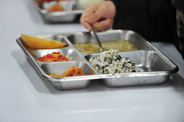 Meal service by stainless food tray stock photo