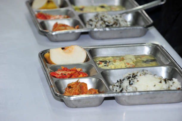 istock Meal service by stainless food tray 1201436818