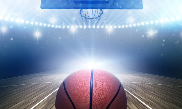 Basketball Arena with ball The imaginary basketball arena's modelled and rendered. scoreboard stadium sport seat stock pictures, royalty-free photos & images