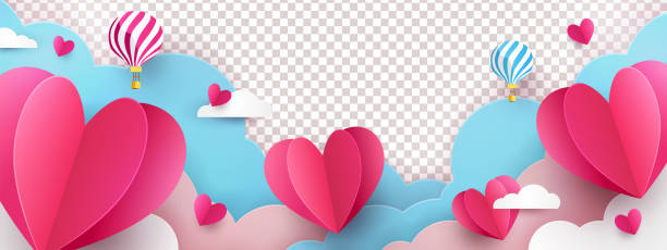 ilustrações de stock, clip art, desenhos animados e ícones de valentine’s day modern border frame design with cute flying origami hearts over clouds with air balloons isolated on background. - vector valentine card craft valentines day