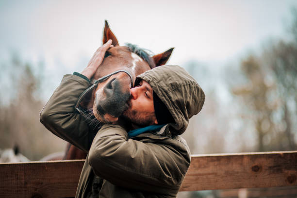istock Young man hugs a horse. Autumn outdoors scene 1201443098