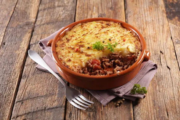 shepherd's pie- baked mashed potato with minced beef