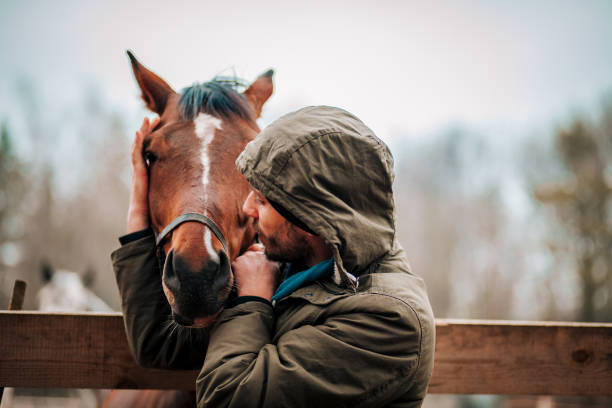 istock Young man hugs a horse. Autumn outdoors scene 1201443354