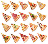 Collection of pizza slices on white