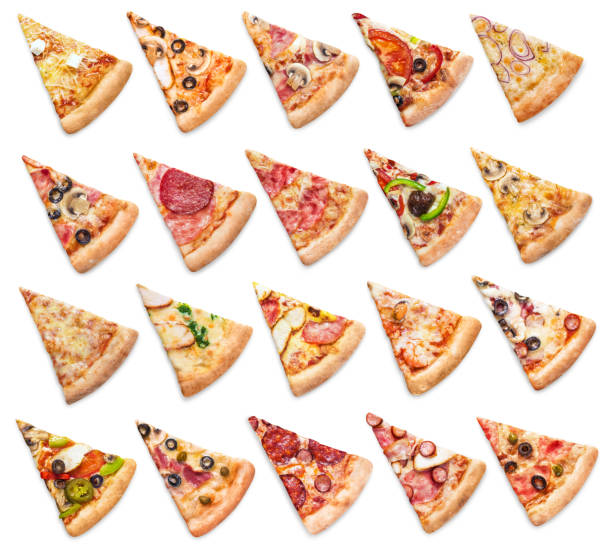 Collection of pizza slices on white Large collection of various pizza slices, isolated on white background slice of food stock pictures, royalty-free photos & images