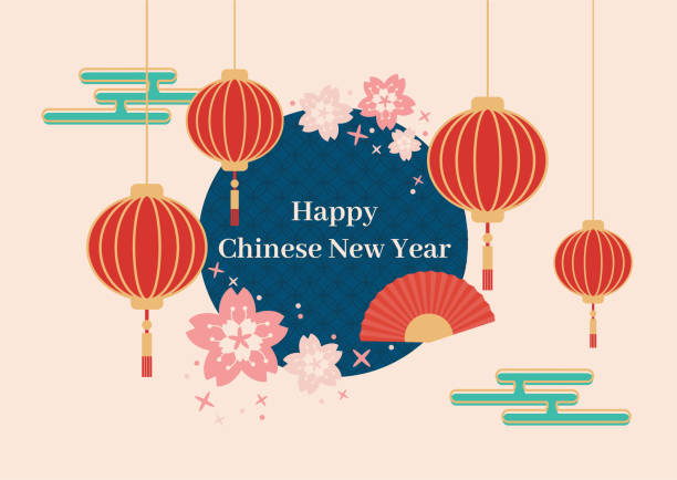 illustrations, cliparts, dessins animés et icônes de carte heureuse minimale de nouvel an chinois dans la couleur pastel avec le ventilateur rouge rouge de lanterne rouge et la fleur rose de fleur de cerise - china asia traditional culture travel