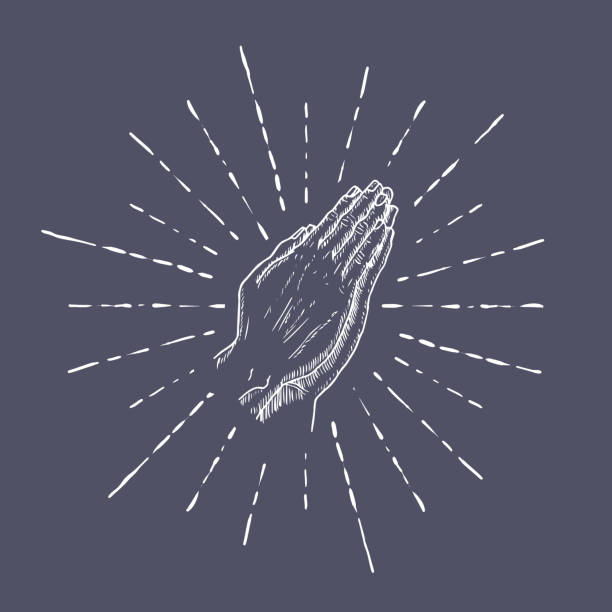 ilustraciones, imágenes clip art, dibujos animados e iconos de stock de oración. esboza las manos rezando. ilustración vectorial aislada sobre fondo blanco - milagro evento religioso