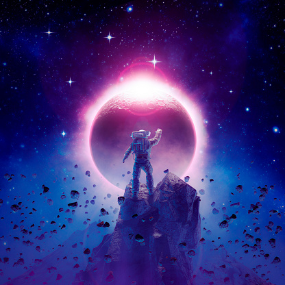 3D illustration of science fiction scene showing astronaut viewing solar eclipse from mountain surrounded by asteroids in space