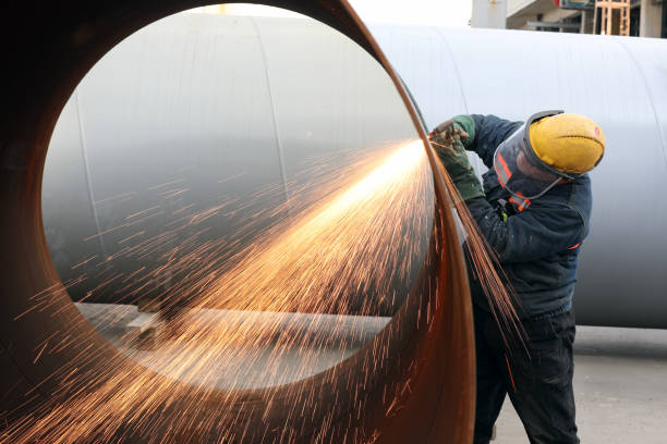 Worker is cutting pipe material with oxy acetylene. Oxy-fuel welding (oxyacetylene welding, oxy welding, or gas welding in the U.S.) and oxy-fuel cutting are processes that use fuel gases. el trabajador está cortando material de tubería con oxi acetileno. la soldadura por oxicorte (soldadura de oxiacetileno, soldadura de oxigena o soldadura de gas en los estados unidos) y el corte de oxicorte son procesos que utilizan gases combustibles.