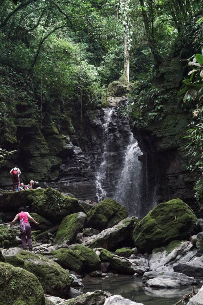 istock Small group of people climbing rocks on small river with waterfall in background, Ecuador 1201455357