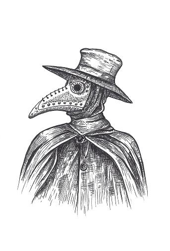 Ink illustration of doctor of the Black Death, with his characteristic mask.
