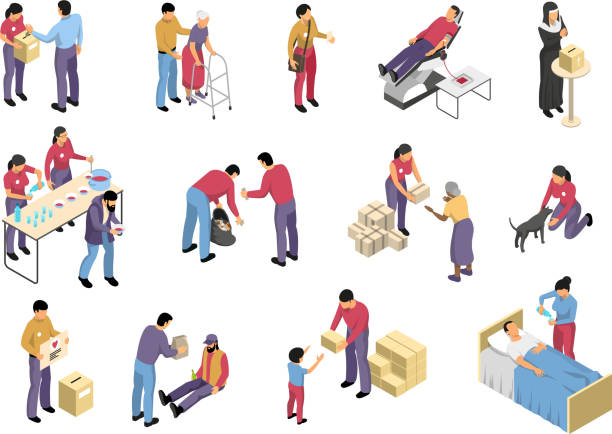 isometric volunteering charity set Charity isometric set with volunteers involved in social support and medical care to diseased elderly and homeless people isolated vector illustration charity volunteer stock illustrations