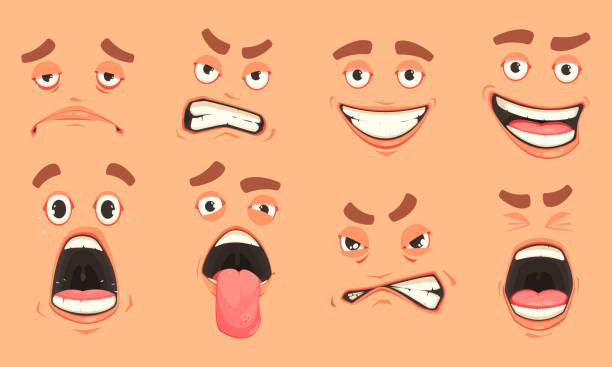 cartoon cute mouth men set Men cute mouth eyes facial expressions gestures of surprise fear disgust sadness pleasure cartoon set vector illustration grimacing stock illustrations