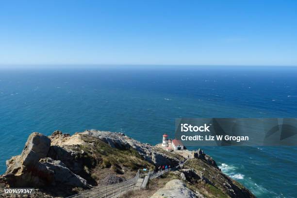 A Steep Staircase Leads Past The Rocky Terrain Down To The Point Reyes Lighthouse Overlooking The Pacific Ocean In Northern California Landscape Stock Photo - Download Image Now