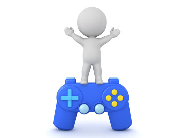 istock 3D Character standing victorious on top of videogame controller 1201460493