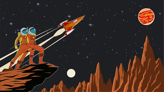 A retro style vector illustration of a couple of astronaut standing on a cliff with rocky mountain, outer space, and flying retro rocket ship in the background. Wide space available for your copy.