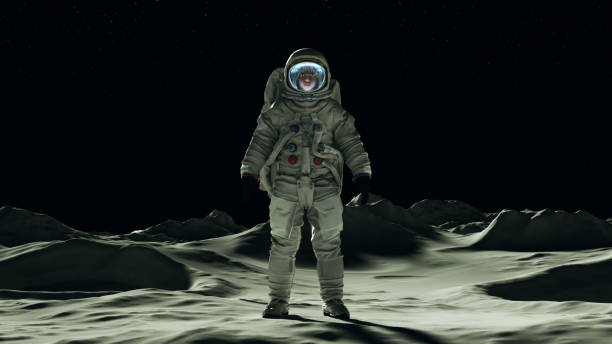 istock Astronaut man on the Moon in a Space Suit Standing with a Clear Visor Moonscape Front View 1201461207