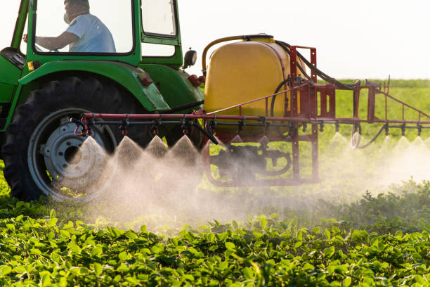istock ractor spraying pesticides on soy field  with sprayer at spring 1201461306